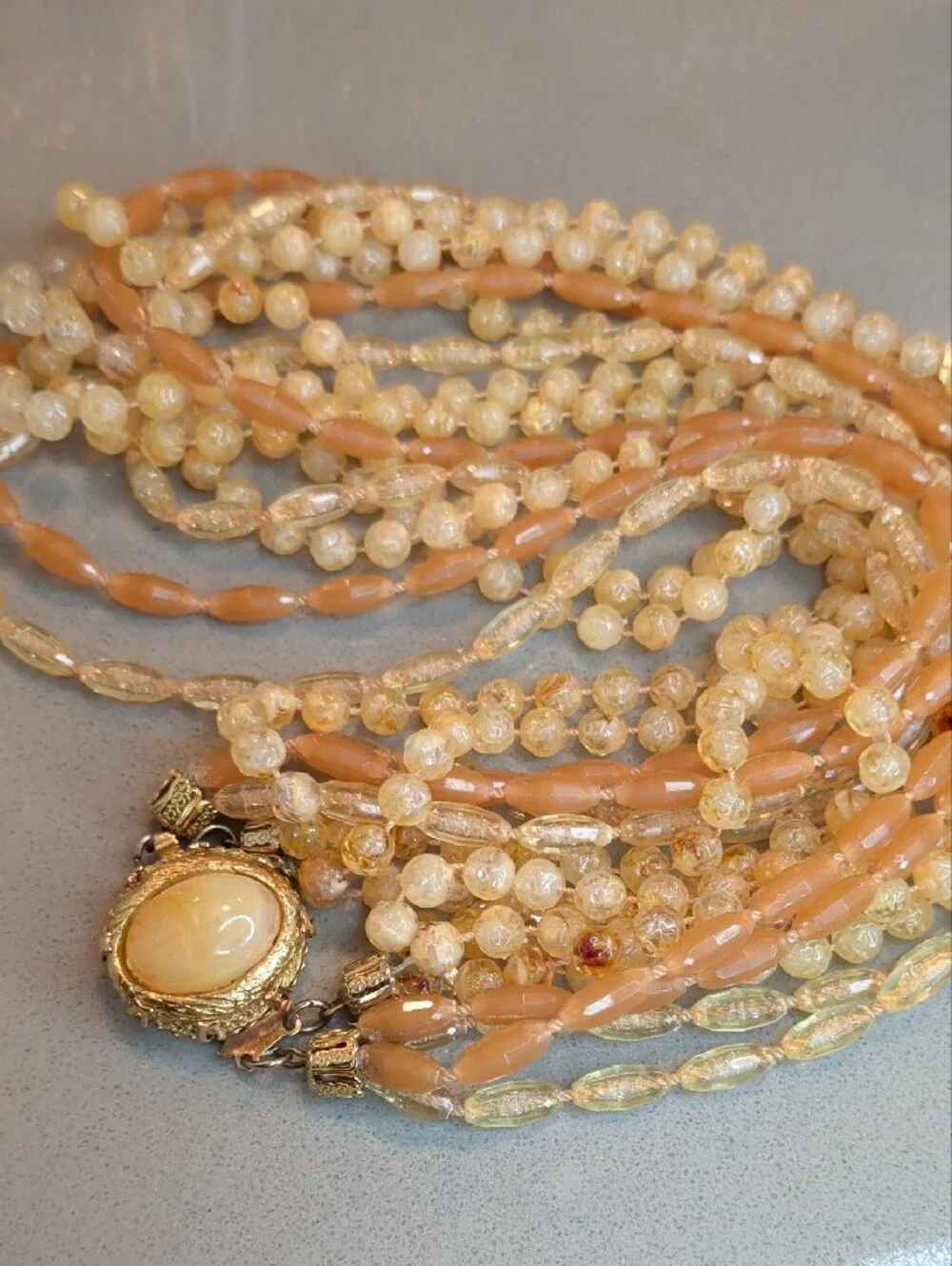 Vintage 50s Necklace Multistrand Tan Cream Decorative Closure Elegant MCM